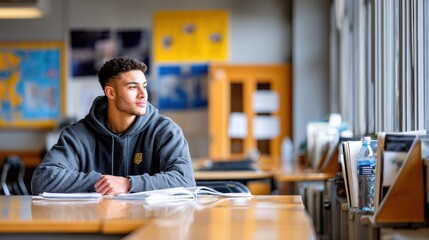 Fototapeta premium Young man with curly hair wearing a gray hoodie is sitting at a wooden table in a bright study space, gazing thoughtfully out the window, reflecting on his studies and future