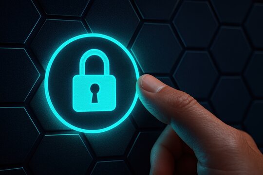 Finger pressing glowing padlock icon on digital screen symbolizing secure access data protection and cybersecurity
