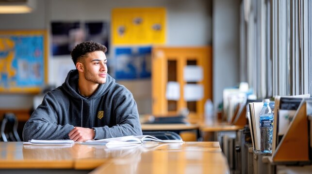 Young man with curly hair wearing a gray hoodie is sitting at a wooden table in a bright study space, gazing thoughtfully out the window, reflecting on his studies and future