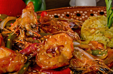 Sautéed Shrimp Platter with Bell Peppers and Savory Vegetable Rice