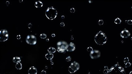 Clear water droplets suspended against a black background. Some droplets are sharp, some blurry - Powered by Adobe