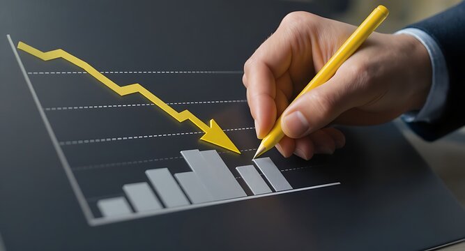 Hand with Pencil Drawing Downward Graph on Dark Surface - Powered by Adobe