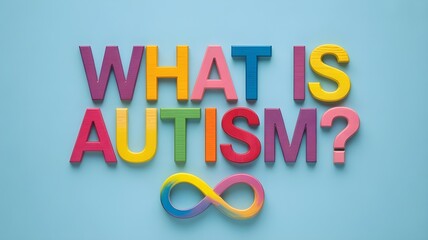 Fototapeta premium Colorful wooden letters spelling What Is Autism with rainbow infinity symbol on blue background, playful educational design for autism awareness campaigns