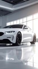 Sleek White Coupe with Black Rims in a Modern Showroom with Polished Floor and Bright Sunlight