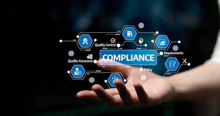 A conceptual image showcasing compliance in a business setting with technology elements and hand graphics, emphasizing quality assurance and policy management. Tessel
