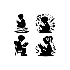 Silhouettes of people or children reading books, Isolated diverse kids with backpacks walking to school, women and children, education concept, learning, knowledge, library scene, study time