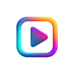 A vibrant, glossy square button features a holographic play symbol, its edges outlined in a rainbow gradient