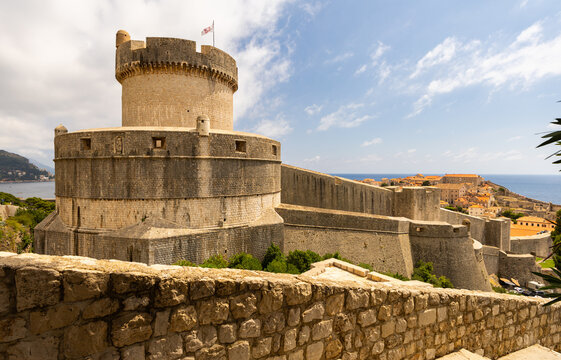 Minceta Tower is main dominant feature of Dubrovnik Fortress. Grey stone walls and narrow loopholes are example of successful defensive structure that has survived many wars and armed conflicts.