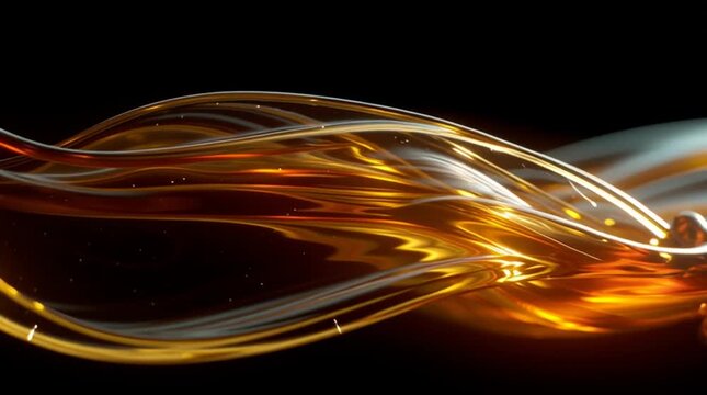 Close up of a flowing amber liquid wave against a dark background with light reflecting 100 char