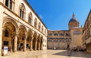 Courtyard and portal of palace in Dubrovnik is old building in Gothic style, city museum. Location of government agencies and Government during Ragusa period
