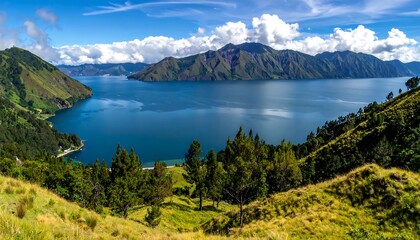 Panoramic view of a tranquil lake nestled amongst towering mountains, showcasing lush green hills and a vibrant blue water body, a serene and captivating landscape.