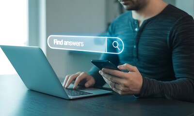 Man Using Laptop and Smartphone with Search Bar Overlay