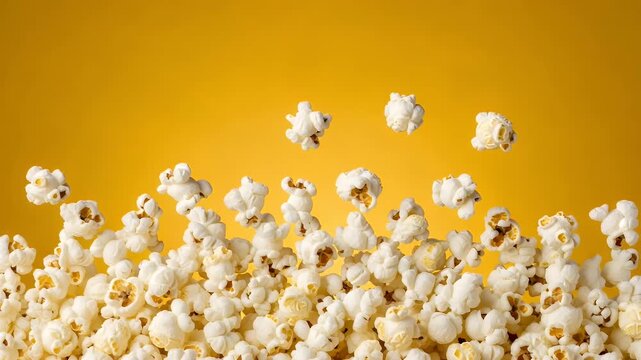 Delicious fluffy popcorn dynamically falling against a vibrant yellow background for a fun movie night or snack time