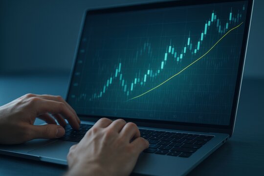 Hands typing on laptop with financial stock market chart showing rising growth trend and investment analytics
