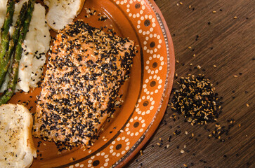 Sesame Crusted Salmon Fillet with Asparagus and Mashed Potatoes