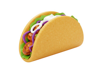 Isolated delicious crunchy hard shell taco filled with savory meat fresh lettuce red onion and creamy sour cream a vibrant Mexican fast food meal