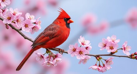 A vibrant cardinal perched gracefully on a blossoming branch in springtime serenity