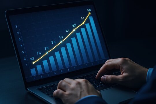 Typing on laptop with financial chart and bar graph showing growth percentages and investment analytics