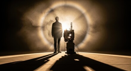 Illuminating memories: A man stands near a vintage film projector bathed in ethereal light