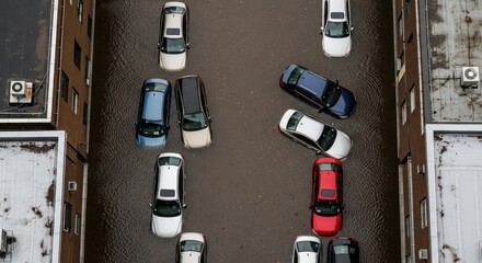 Flooded parking lot with submerged cars highlighting the impact of urban flooding after torrential