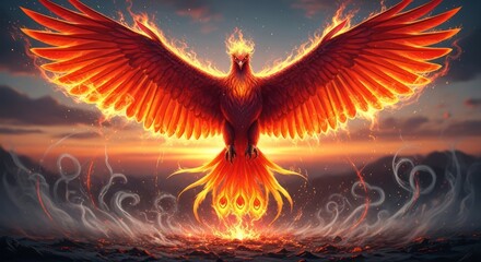 Majestic phoenix rising with fiery wings amidst mystical skies and ethereal light