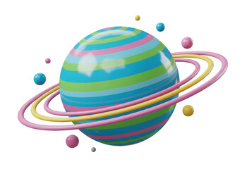 Isolated vibrant striped planet with colorful rings and floating spheres a playful 3D render graphic element for space themes or education
