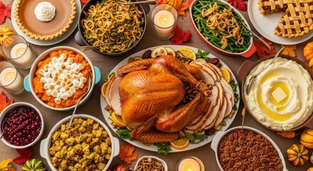 A festive Thanksgiving feast displaying an elaborate arrangement of traditional holiday dishes