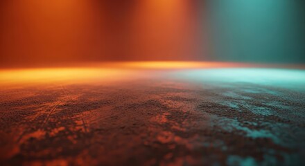 Abstract dual tone scene with orange and turquoise hues illuminating a grainy surface