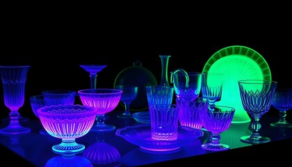 Highlighting the distinct glowing effect of uranium glass next to non-fluorescent ordinary glass when exposed to ultraviolet light, emphasizing the radioactive element's unique property