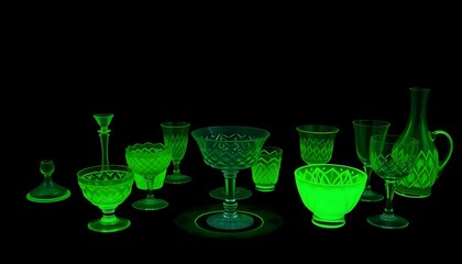 Extensive collection of glowing green uranium glass dishes and drinkware, exhibiting different forms and textures under UV light against a dark background