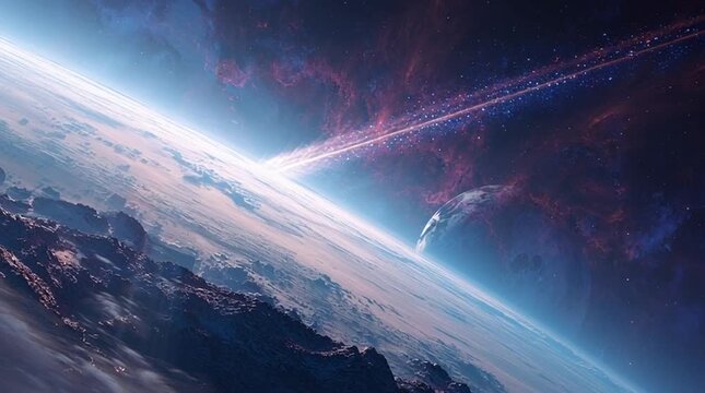 A view of earth and a comet streaking across the sky with a moon and nebula in the background