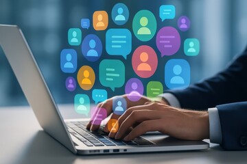 Hands typing on laptop with colorful social media icons hologram symbolizing online communication and digital networking
