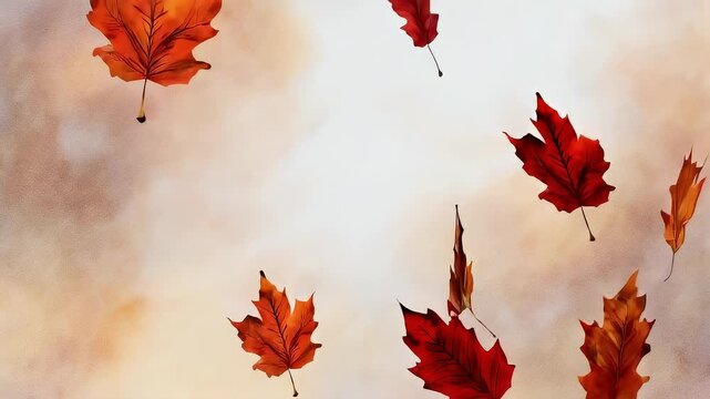 Autumn leaves of varying shapes and shades of red and orange floating on a blurred background
