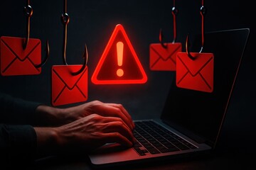 Hands typing on laptop with phishing warning red email icons and alert sign symbolizing cybersecurity threat