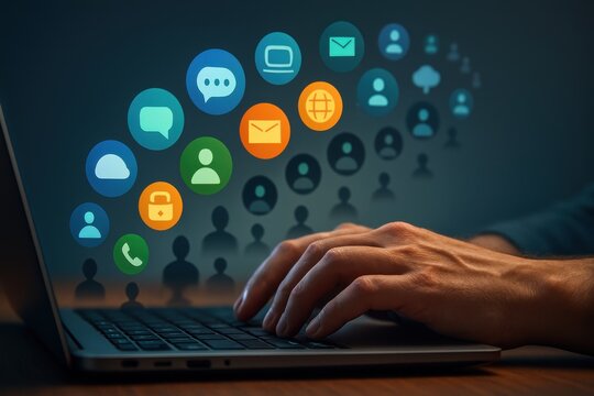 Laptop with colorful communication and social icons hologram symbolizing online networking and digital interaction
