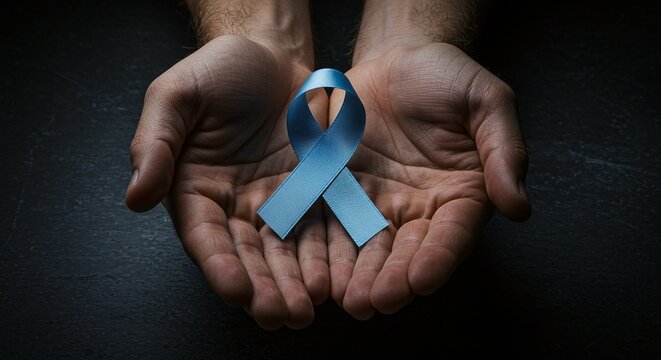 A light blue awareness ribbon rests in the open hands of a man against a dark, textured background, symbolizing support and hope.