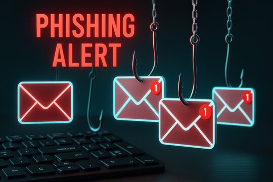 Phishing alert warning with emails on hooks above keyboard symbolizing online scam and cybersecurity threat
