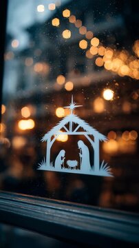A white nativity scene decal decorates a window, illuminated by glowing bokeh lights outside. This image captures the essence of Christmas, evoking feelings of peace, tradition, and festive joy