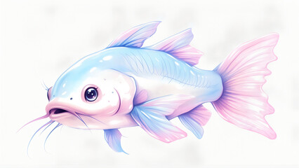 Fototapeta premium Pastel Fish Illustration, Light Blue and Pink Aquatic Animal Art