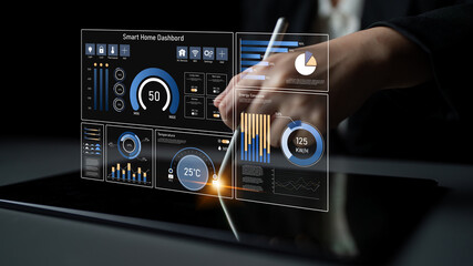 Smart home dashboard manages IoT system. Smart home dashboard controls temperature, dashboard...