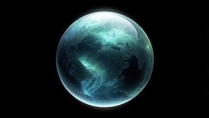 Mysterious glowing orb with ethereal blue and green wisps against black background.