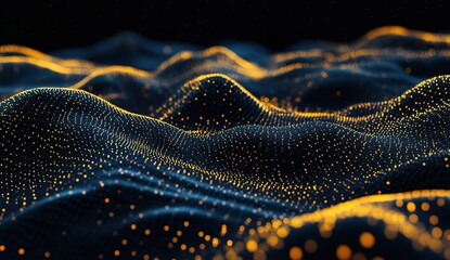 Abstract digital background with golden dots and waves on a dark blue hue, creating an elegant and futuristic design for graphic or presentation elements. High resolution. Vector illustration.