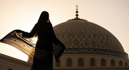 Silhouette of a woman in front of Sultan Qaboos Grand Mosque during golden hour in Oman