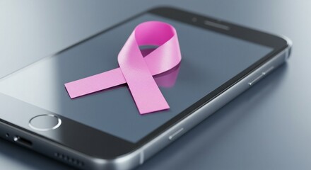 Image shows a pink ribbon placed on a reflective smartphone screen, symbolizing a cause or awareness message digitally.