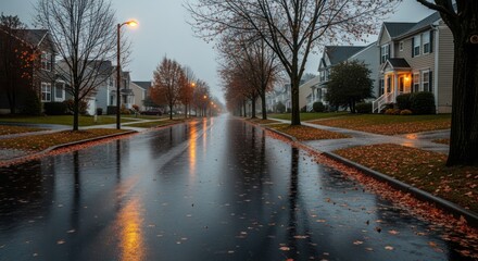 Reflections on a Rainy Suburban Street Capture a Quiet Autumnal Ambiance