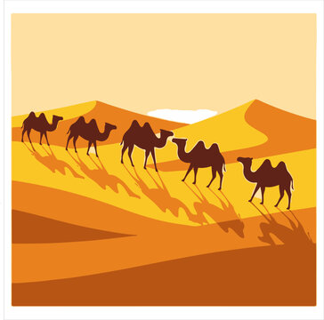 Caravan of camels traversing the desert dunes under a warm sunset, viewed from a slight elevation