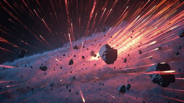 View of space debris and dust cloud with red streaks eminating from a central point in the dark void