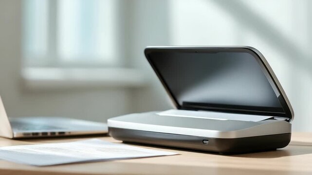 A contemporary flatbed scanner sits beside a laptop, emphasizing digital workflow and paperless solutions. Natural daylight enhances the workspace, promoting efficiency and clarity