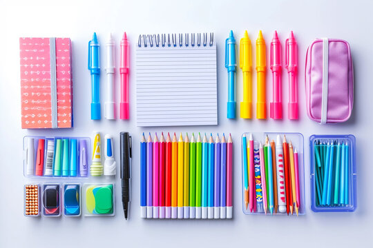 We offer a wide range of high-quality stationery items, including memo papers, notepads, stickers, pencils, pens, markers, notebooks, and more, all beautifully displayed on a transparent background 
