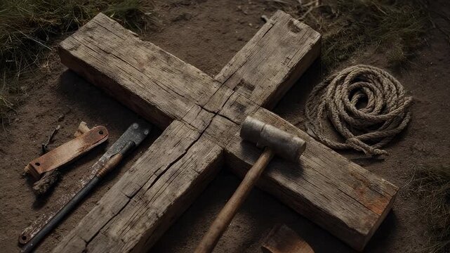 A rustic wooden cross lies on dirt with tools and rope, suggesting creation or sacrifice